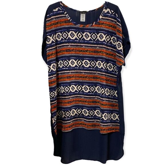 NEW Geo Blue Tribal Top Round Neck Short Sleeve Hi Low Tunic Summer Shirt - Picture 3 of 4